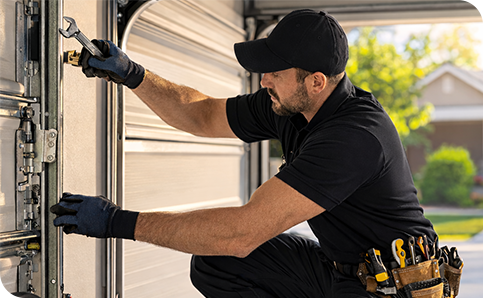 Garage door technician repairing a garage door in Hemet CA